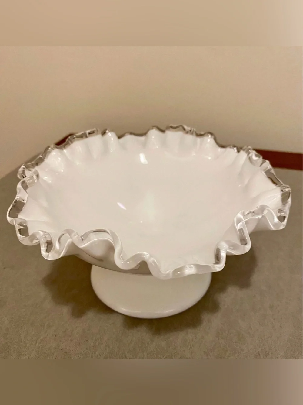 Vintage Fenton White Glass Silver Crest Ruffled Edge Pedestal Compote Bowl